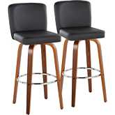 Henry 30" Swivel Bar Stool in Walnut Wood & Black Leatherette with Round Chrome Footrest (Set of 2)